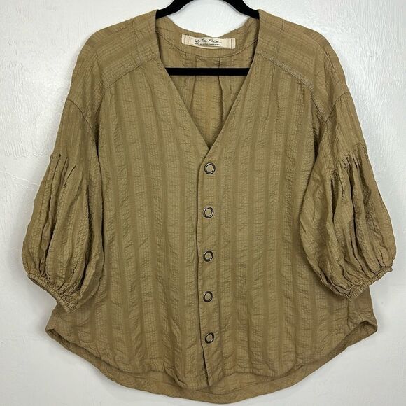 Free People Feel It Still Snap Button Front Blouse Top In Tan Sand Size S - Picture 2 of 8